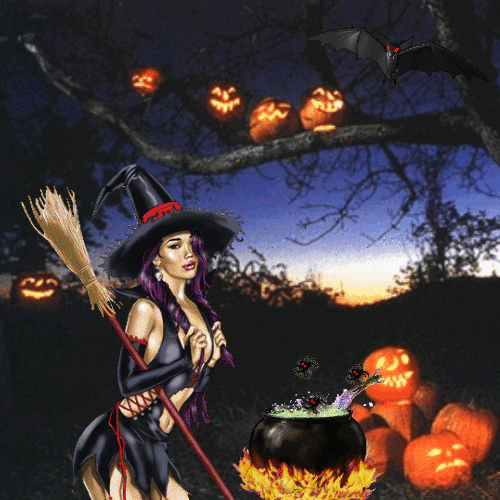 Ведьма с метлой анимированная гиф открытка скачать